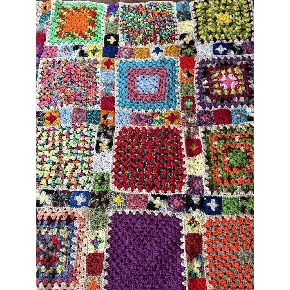 Vintage Multicolored Granny Square Afghan Throw Blanket 61 x 61.
